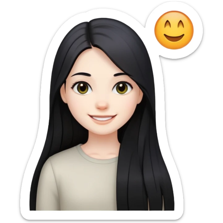 smiling girl with long straight black hair, pale skin, dark eyes sticker