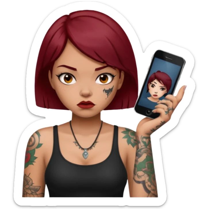 generate a girl with dark red hair, tattoos, short black hair calling on the mobile phone. Looking mad sticker