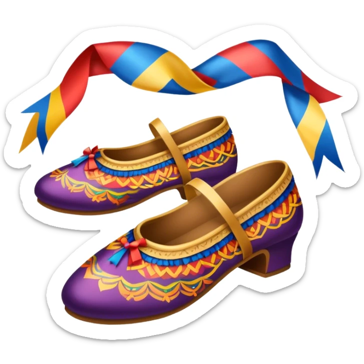 Icon for Folk Dance: close-up traditional dance shoes, colorful folk costumes, and a dance circle with ribbons. The icon should represent the vibrant and cultural aspects of folk dancing. Transparent background. sticker