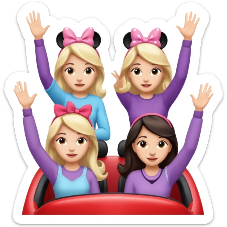 quatro chicas montadas en una atraccion de levantando la mano con orejas de Disney puestas en una atracción sticker