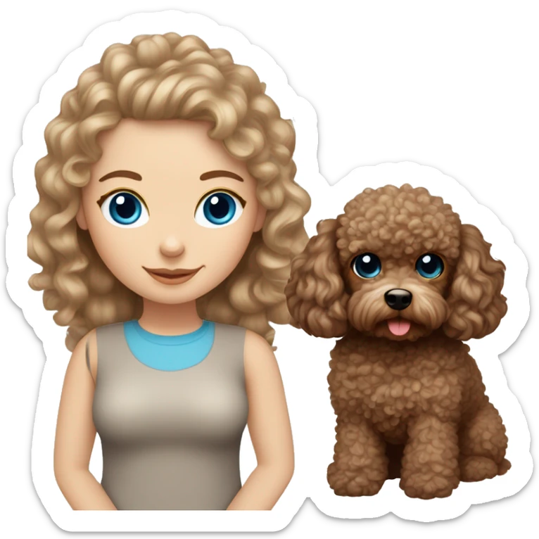 white girl with blue eyes and long curly brown hair with toy poodle dog breed sticker