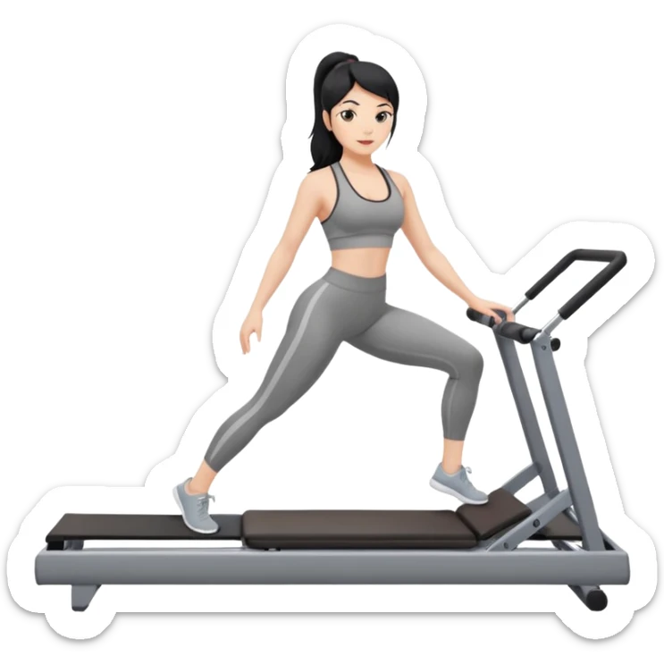 Fair-skinned black hair girl wearing grey workout set in leggings and bra doing pilates on a reformer sticker