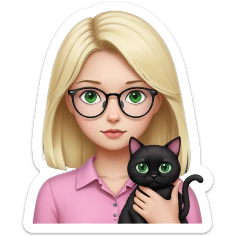 blonde girl wearing glasses and pink shirt with green eyes holding a black cat  sticker