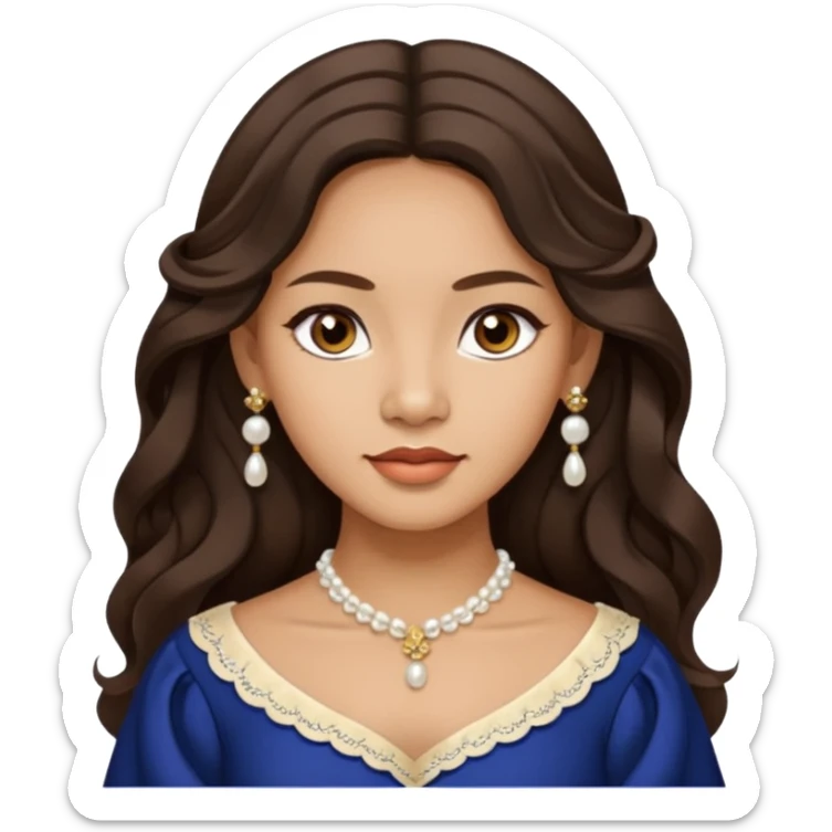 Tan Filipino woman with dark brown eyes and long dark wavy hair parted in the middle wearing a traditional filipiniana and white pearl stud earrings and no other jewelry sticker