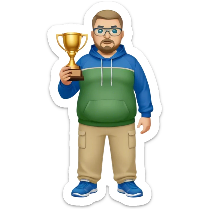 angry full body white obese male basketball coach with trophy. Goatee , Wearing glasses and blue and green hoodie and khaki pants sticker