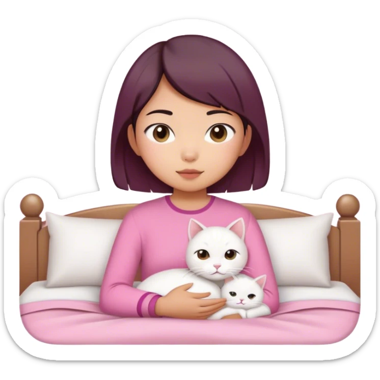 Short hair Asian girl in pink clothe wake up with white cat  sticker