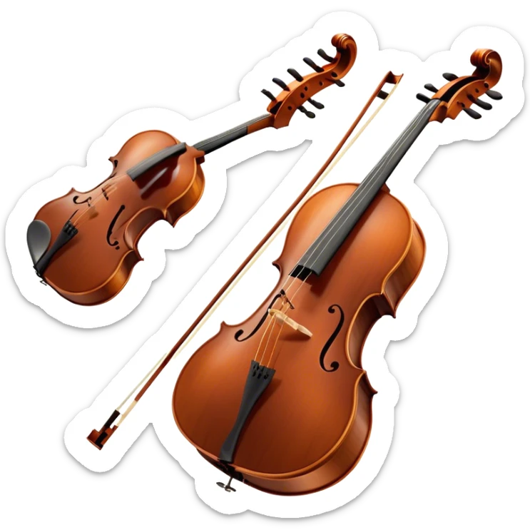 Cinematic Realistic Cello, deep brown polished wood, elegant f-holes curving gracefully, warm golden lighting creating depth, bow gently resting on the strings, glowing with the rich resonance of classical artistry. sticker