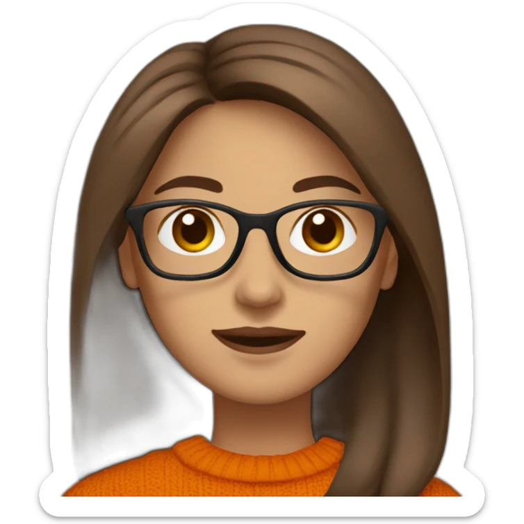 woman with white glasses with long straight brown hair waving wearing a dark orange sweater sticker