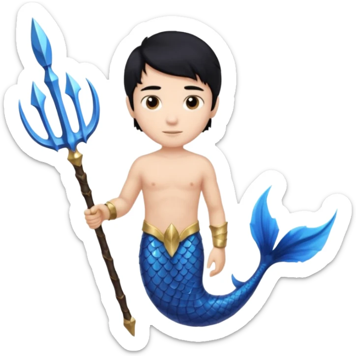boy, black hair, brown eyes, white skin, Triton, with Triton in hand and blue Triton tail on the side. sticker