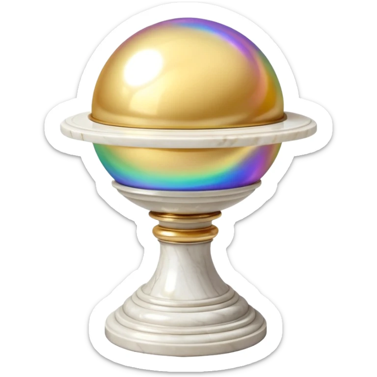 Beautiful precious tall Greek White marble pedestal with a gold cushion laying on top of it with a big shiny pearl-sphere-orb laying on it sticker