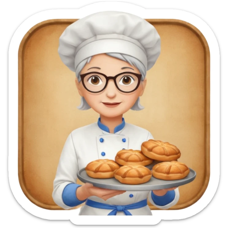 Older female pastry chef – round glasses, oven mitts on, holding a tray of pastries.

 sticker