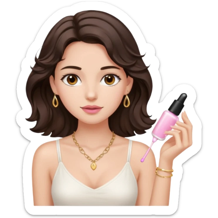 generate a pretty fair bratz girl with dark brown eyes. Dark brown hair wavy hair. light pink lipgloss. white cami top. doing skincare. Dainty gold necklace sticker