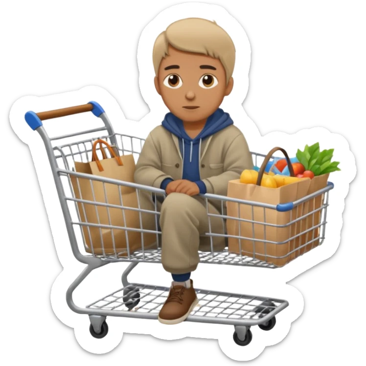 A man in oversized second-hand clothes, sitting beside a shopping cart of items, looking around with soft hopeful eyes.
 sticker