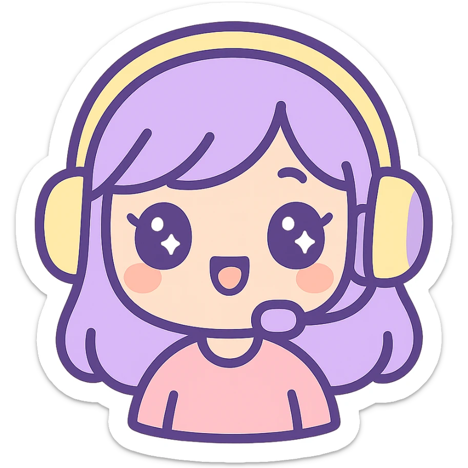 cute streamer girl emoji, purple and yellow color palette, big eyes, headphones, cheerful expression, kawaii style details sticker
