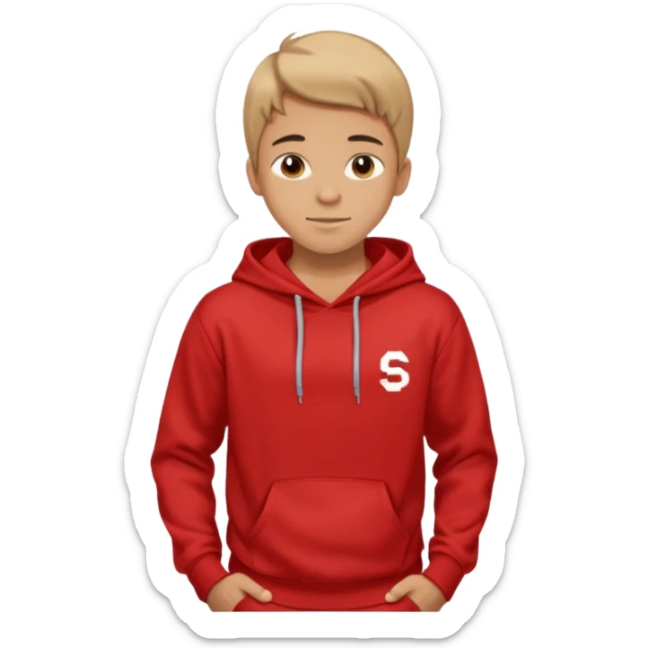 make me an emoji of an americain 19 yearold boy in a red hoodie that says "south" on it and give him with tan skin with his hands in his hands in his pocket wth a small smile flexing his muscles sticker