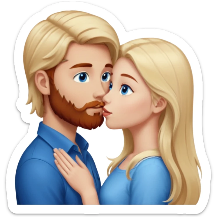 Long-pale-blonde hair, beautiful girl with blue eyes facing, kissing reddish-brown hair-beard boy blue eyed white guy sticker