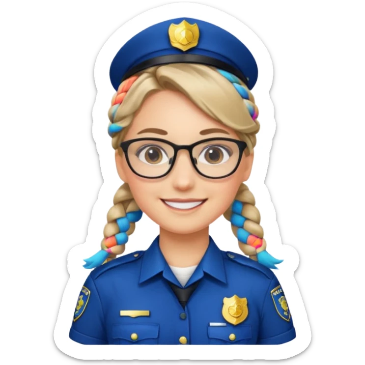 police officer woman with glasses, wearing uniform, braided hair sticker