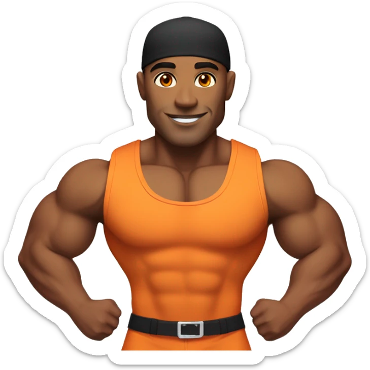 a male bodybuilder in an orange singlet, with a perfect face, orange eyes and a black and orange cap, depicted over his shoulders sticker