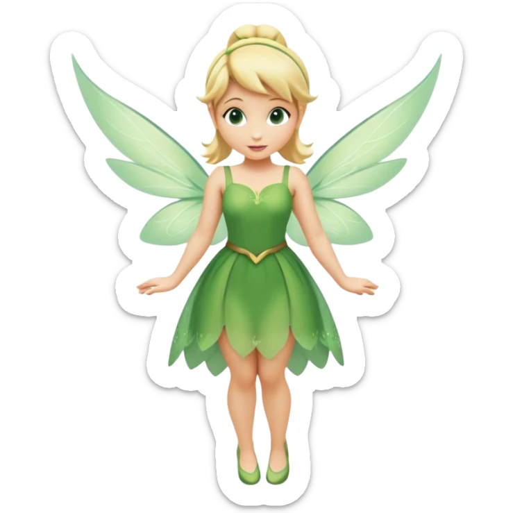Tinkerbell fairy from hips up, green dress, blonde hair, wings, minimal style, larger size sticker