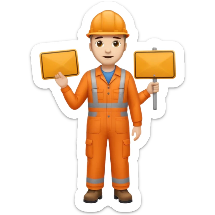 emoji style railway engineer full body in orange overalls, holding a sign in front of their chest sticker