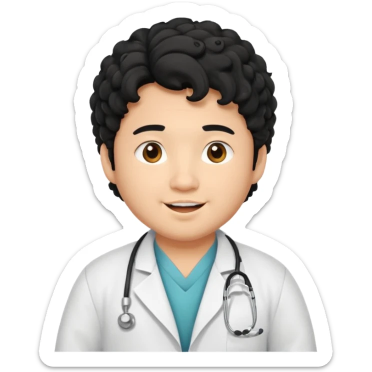 a young asian chubby male doctor with very black long curly hair and cheerful face without gpasses sticker