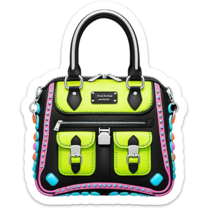 Ultra realistic Alexander Wang bag, in an futuristic neon vivid style with highly detailed embellishments, 8k hd quailty  sticker