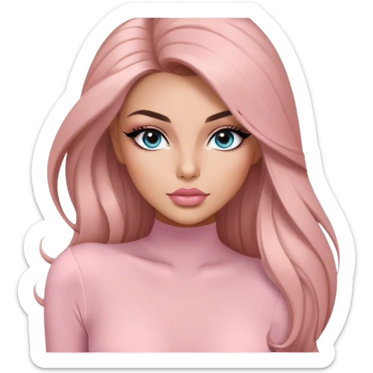 Glamours, tanned, very beautiful girl, with big pump peach-beige-rose lips, long long lashes, black straight smooth silky long hair, straight parting hair, blue-grey eyes in light pink long-sleeves bodysuit sticker