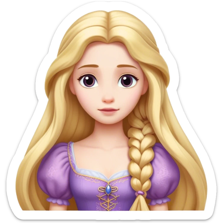 Cinematic Realistic Rapunzel Portrait, with porcelain-like skin featuring a subtle, natural glow, illuminated by soft lighting that brings out the gentle contours of her face. Her long, golden blonde hair cascades in detailed waves, each strand highlighted with a radiant shimmer as it catches the light. Her bright, expressive green eyes exude curiosity and warmth, framed by delicate lashes and soft, arched brows. Her expression is playful and vibrant, with a gentle smile. She is dressed in her classic lavender and pink gown, the fabric textured with delicate folds that flow naturally, catching the light with a soft, radiant glow. The portrait captures a luminous, enchanting aura, seamlessly blending realism with a whimsical, fairytale charm, evoking a timeless sense of beauty and magic. sticker