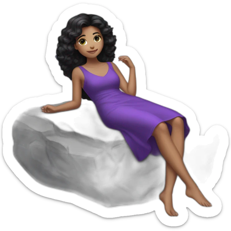 a girl black hair laying back on stone with purple dress sticker