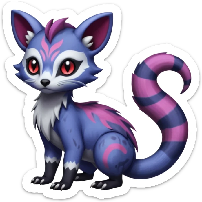 Rare warm-colored exotic gloomy tropical edgy cute epic aesthetic spooky indigo purple white black red gothic colorful Salandit-Furret-Espurr-Meowstic-Civet-species-Fakemon-hybrid-creature, with tribal tattoo markings, full body sticker