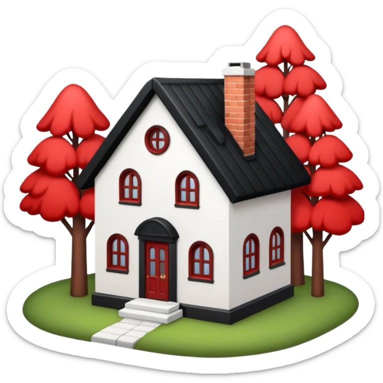 Dom parterowy z czarnym dachem i biała elewacją ze wstawkami z czerwonej cegły.Na drugim planie las. sticker