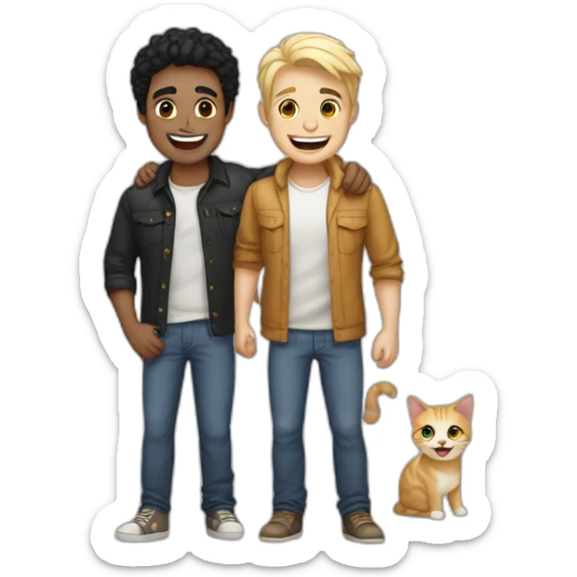 Gay male couple, 1 Latino black hair, the other one Australian blonde hair with a cat in the middle laughing full body sticker