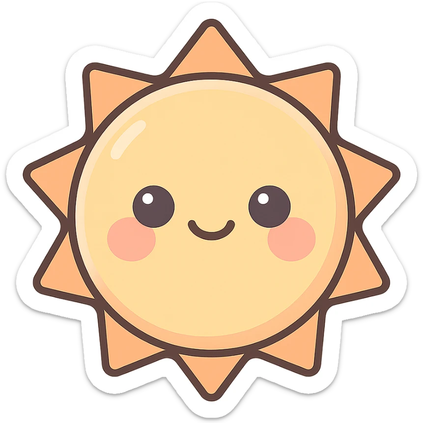 A series Sun of illustrations in a kawaii emoji style, with detailed shading and highlights, thin clean outlines, soft and rounded features. Pastel color palette using #98B5BC, #B5B3C1, #C9A3C9, #E4C0CA, #F7DCD1,#F7C0AA. The style is inspired by modern Japanese pop art and sticker aesthetics. Highly detailed, vector clarity, soft lighting and subtle shadows. Transparent background without background. sticker