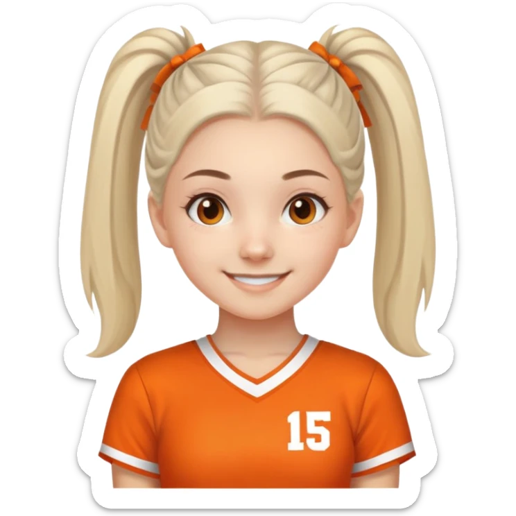 - Nữ
- 15 tuổi
- Da trắng
- Tóc buộc gọn gàng
- thân thiện ,xinh, cười mỉm
- Mặc áo cổ vũ cam
- ảnh chân dung, không cần tay sticker