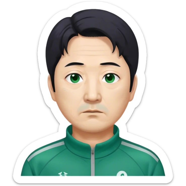 Park Ju-un is a middle-aged man, around 45 years old, green tracksuit, with tired eyes that carry the weight of a lifetime of struggles. His black hair, streaked with strands of gray, is unkempt and damp with sweat.

His face is gaunt, with deep wrinkles lining his forehead and around his mouth, evidence of years of stress and hardship. He wears the standard green Squid Game tracksuit (#369), but his jacket is slightly loose on his thin frame, and the collar is stained with sweat. His hands, slightly calloused from years of office work, tremble as he grips the small needle. sticker