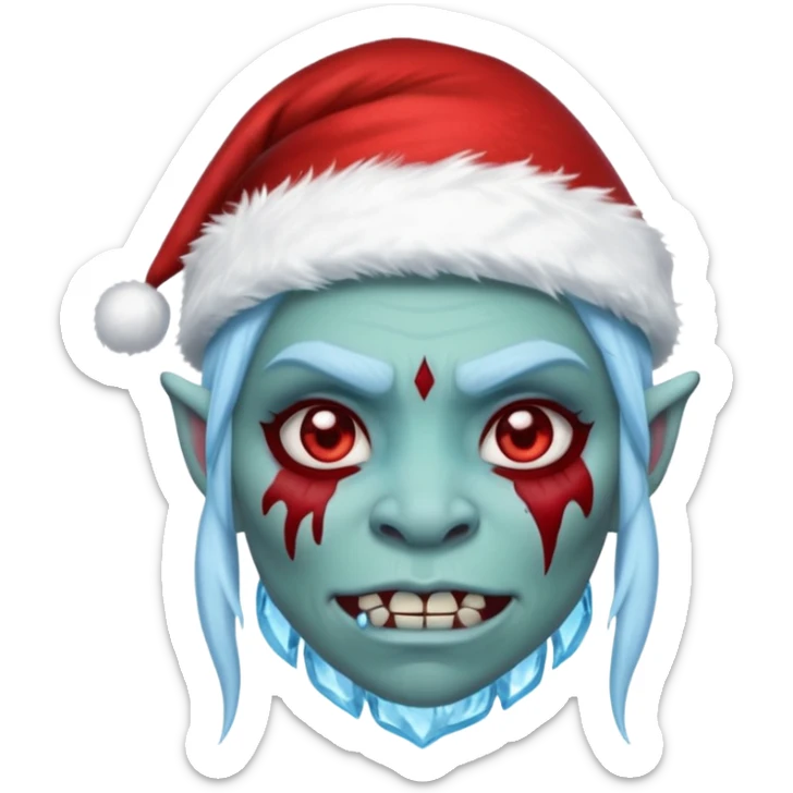 Fantasy orc portrait emoji, Santa Claus hat with icy texture, frozen scar glowing deep red against icy blue skin tones, primal winter survival theme, restrained detail, clean readable emoji style, female variant
 sticker