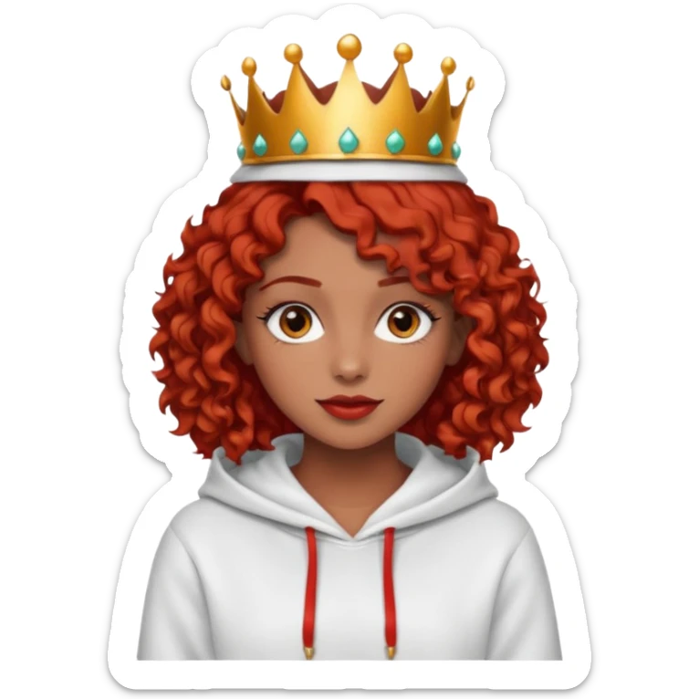 Slim girl with a fine face, dark chocolate-colored and tanned skin, medium-length curly tomato-red hair, dark eyes, medium-thick eyelashes, and a crown and hoop earrings wearing a white hooded sweatshirt.
 sticker