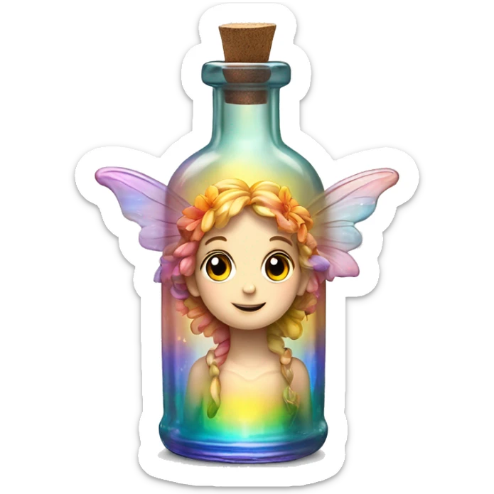 Antique oil bottle made of crystal glass of all gentle colors of the light rainbow, a living flower fairy sits at the bottom of the bottle sticker