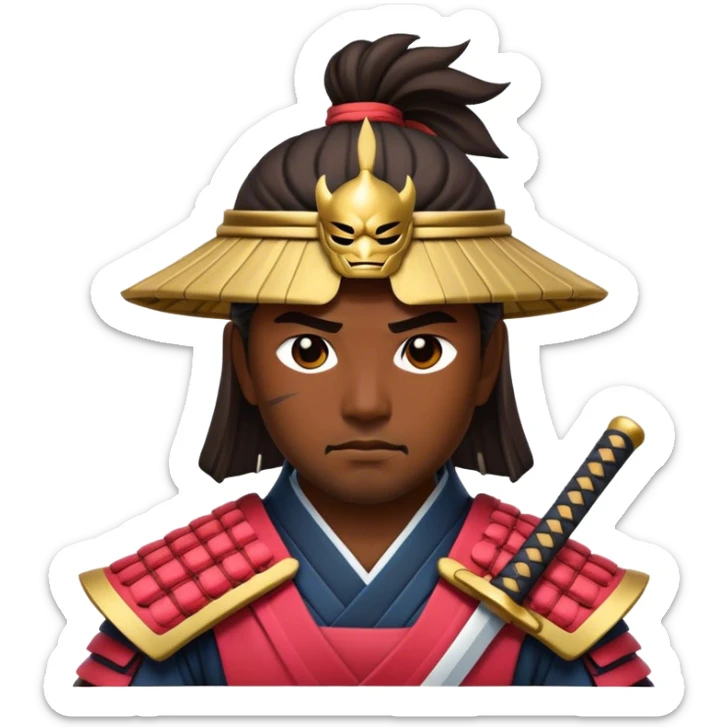 Cinematic Realistic Samurai Pop Culture Emoji, depicted with a noble, stoic portrayal of a samurai warrior rendered with crisp detail and dramatic, traditional lighting. sticker