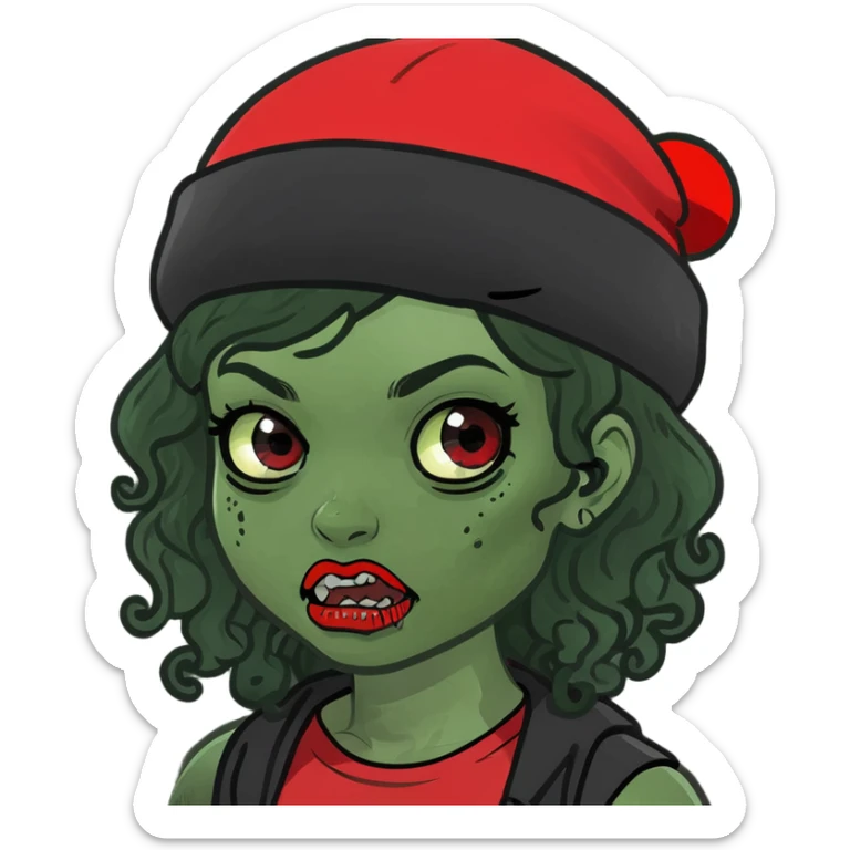zombie girl with curly black hair and red streaks, memoji style, mysterious atmosphere sticker