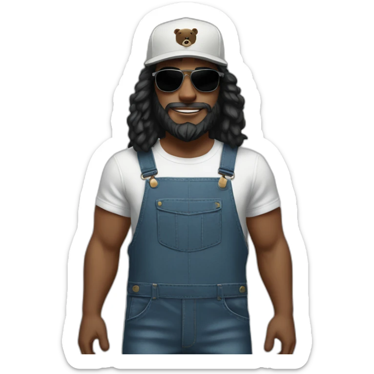 White man with a black bear, long hair, a cap, dungarees and cool sunglasses sticker