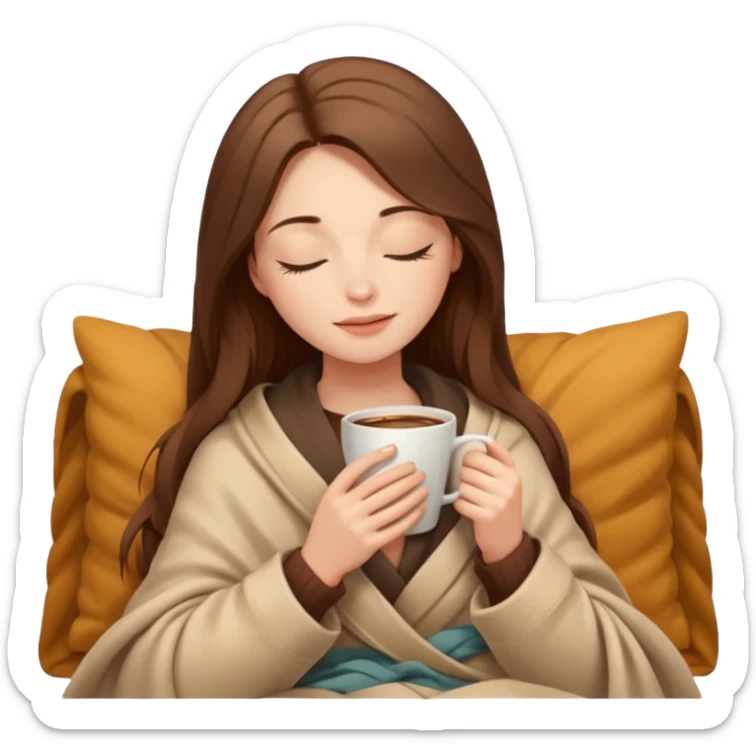 long brown hair woman closed eyes covered with cozy beige blanket, holding cup of coffee, autumn mood sticker