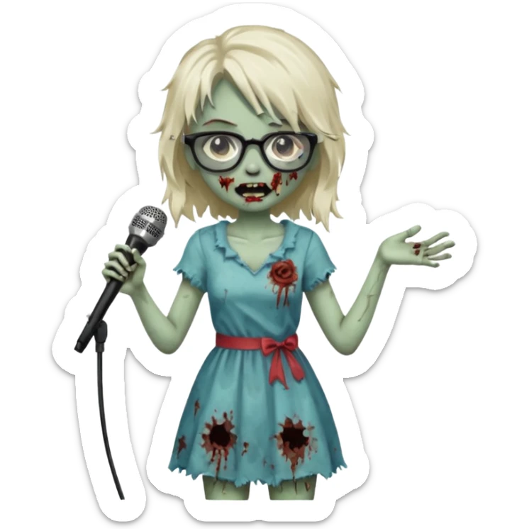 singer, Zombie girl, super happy, wearing dress, holding mic, glasses sticker