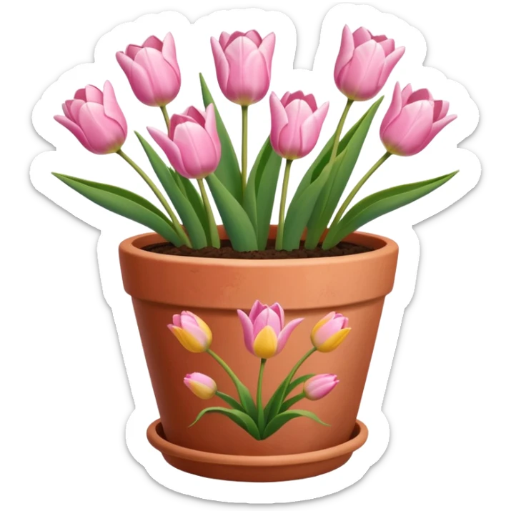 pink tulips in a plant pot in terra cota with white and pink flowers hand painted on the pot  sticker