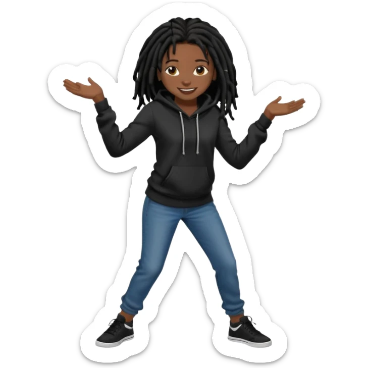 African American girl dark skin with shoulder length black deadlocks wearing I plain black hoodie wearing skinny jeans dancing in street sticker