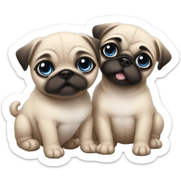 Baby pug with big blue eyes hugging a baby pug with pink eyes  sticker