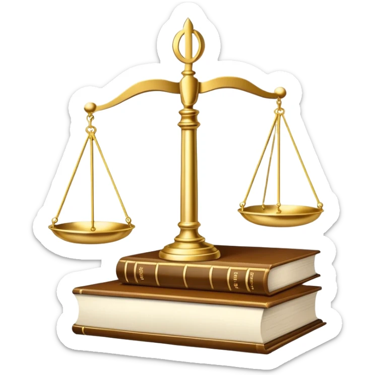 An icon featuring scales of justice, a gavel, and a legal book, symbolizing the study of law. The design includes courthouse pillars in the background, representing authority and legal systems. Transparent background highlights the principles of justice, order, and legal education. sticker