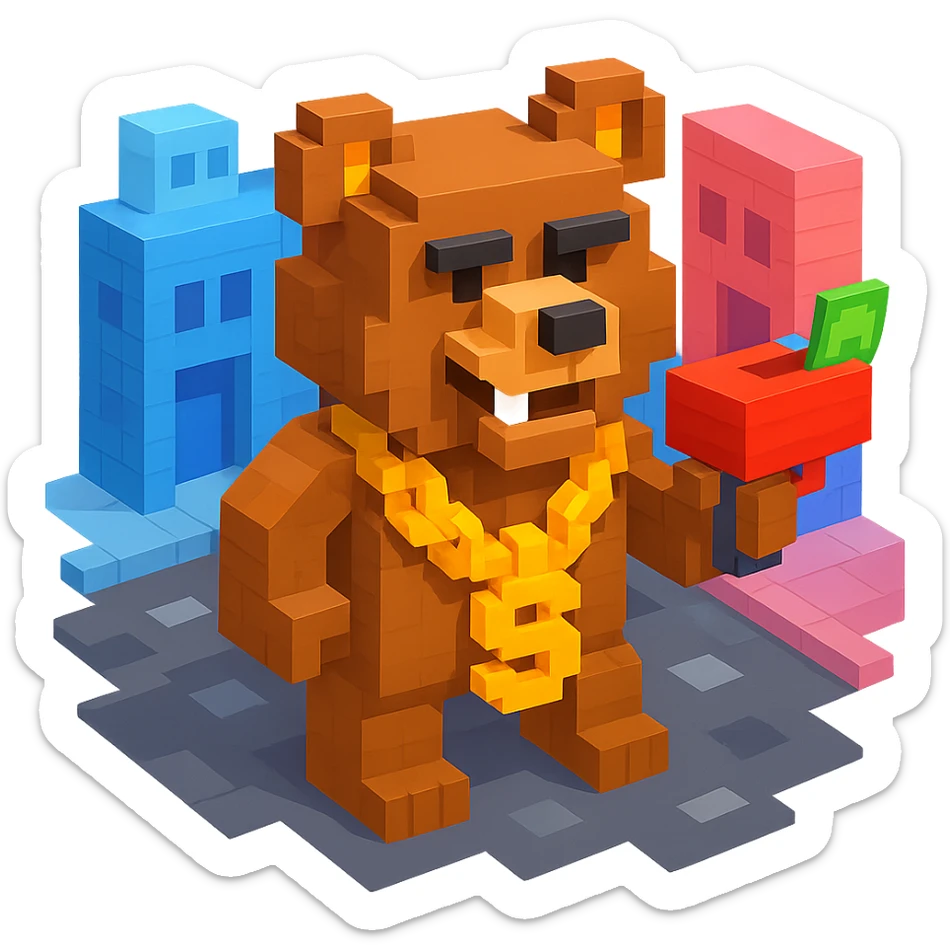 Russian grizzly bear with a rapper chain and a money gun, standing in a city alley sticker