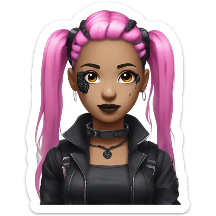 cyberpunk girl, pink twintails, black collar, black crop top, cyborg, goth makeup sticker
