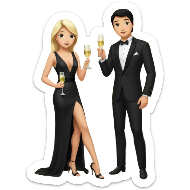 Blonde woman, black, Long, tight, sleveless Dress, Slot left Leg, man, DARK Hair, in Dinner jacket, Background bedroom, drinking champaign sticker